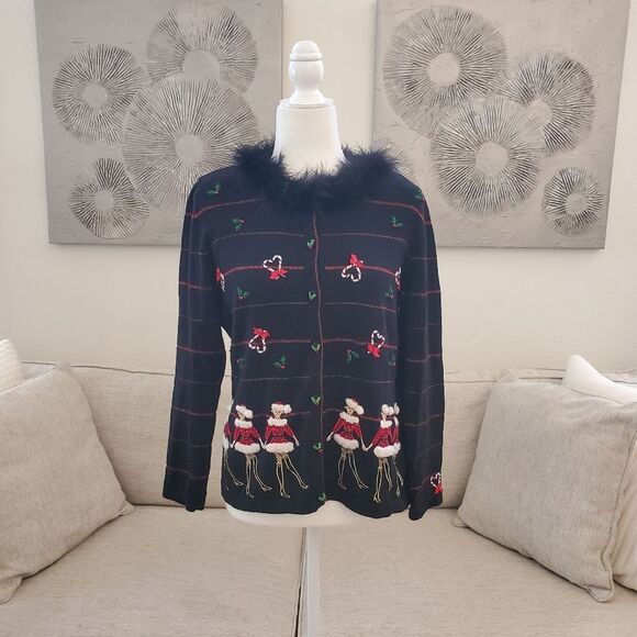 Berek Button Up Cardigan Sweater Christmas Dancers Feather Neckline Sz Sm - Picture 1 of 12